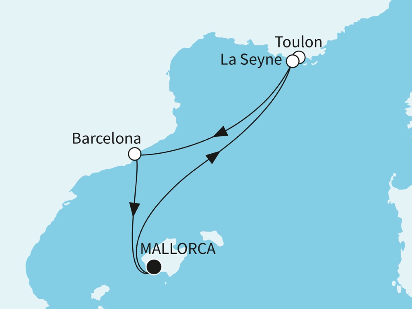 Routenkarte Jeckliner im Sunnesching: Palma, La Seyne, Barcelona, Palma