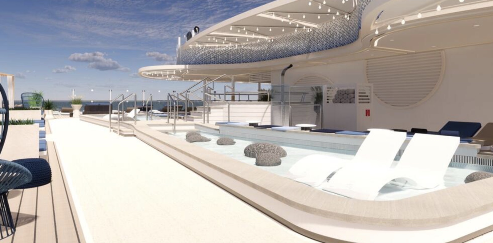 Exklusiver Pool- und Sonnendeckbereich nur für Suitengäste auf einem neuen Mein-Schiff-Neubau