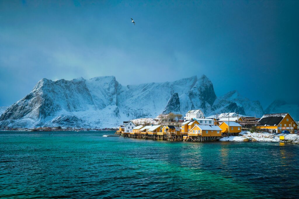 Yellow rorbu houses, Lofoten islands, Norway