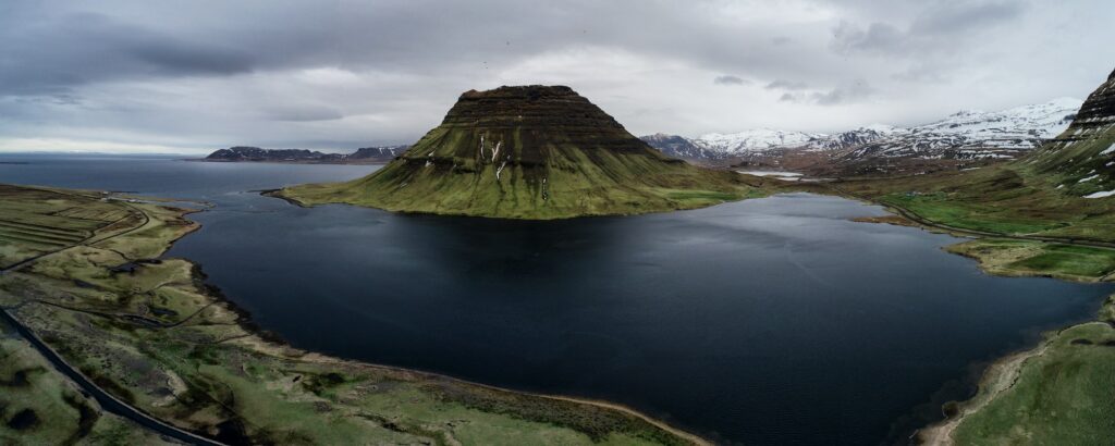 Kirkjufell mountain aerial view in iceland