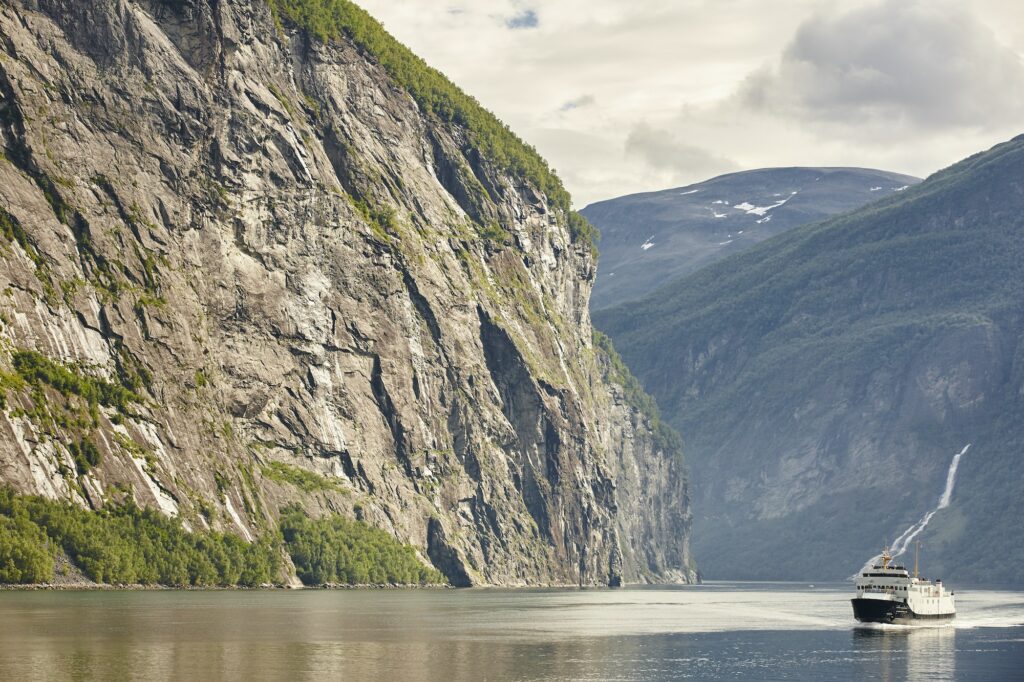 Norwegian fjord landscape. Storfjorden. Hellesylt, Geiranger cruise travel. Tourism