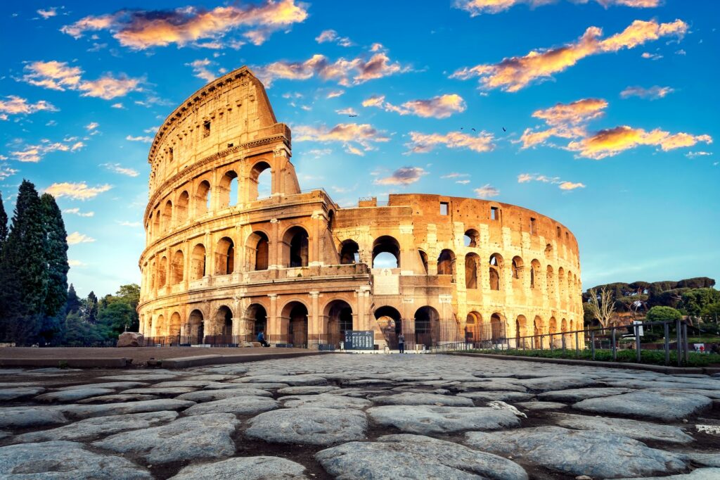 Sunset and Colosseum in Rome, Italy