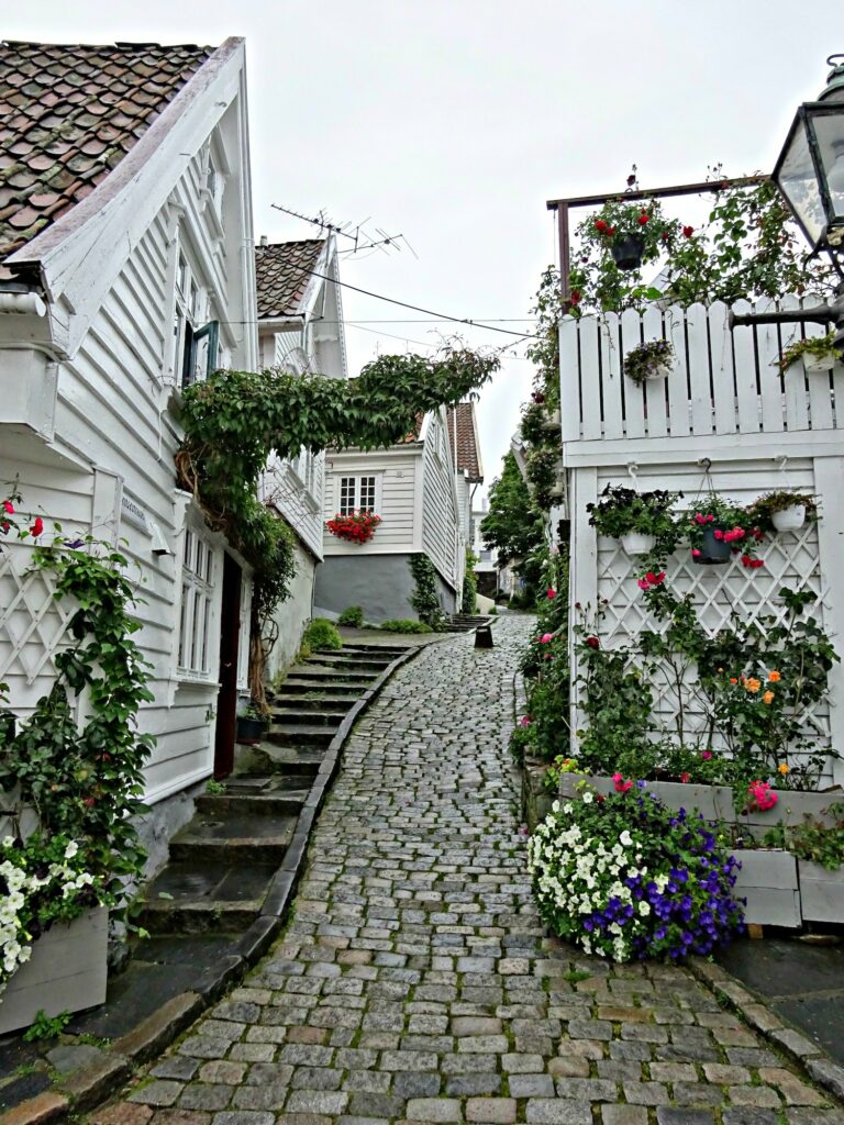 Vertical shot of s cobblestone street in Stavanger, Norway