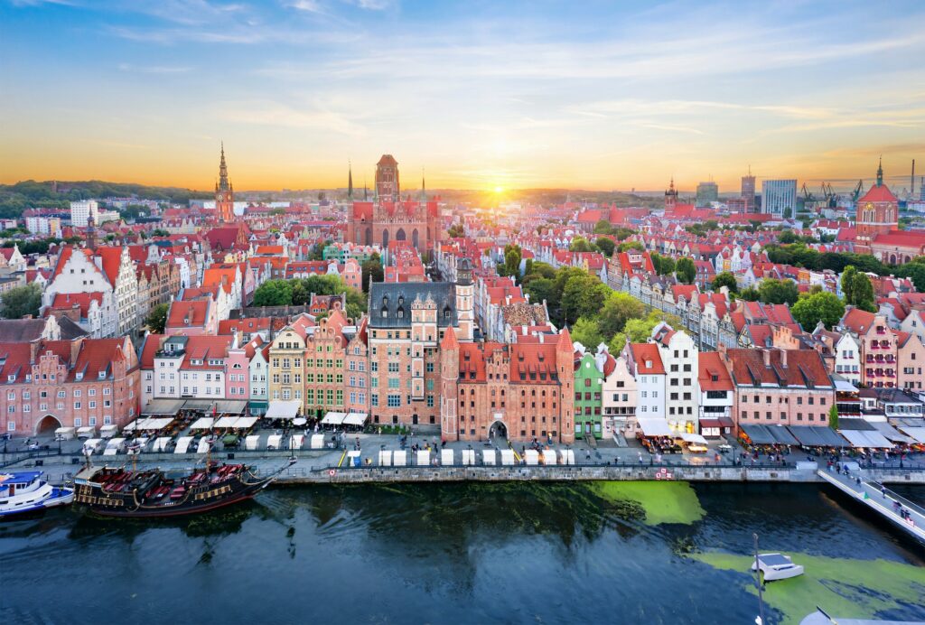 Aerial view of Old Town of Gdansk on sunset