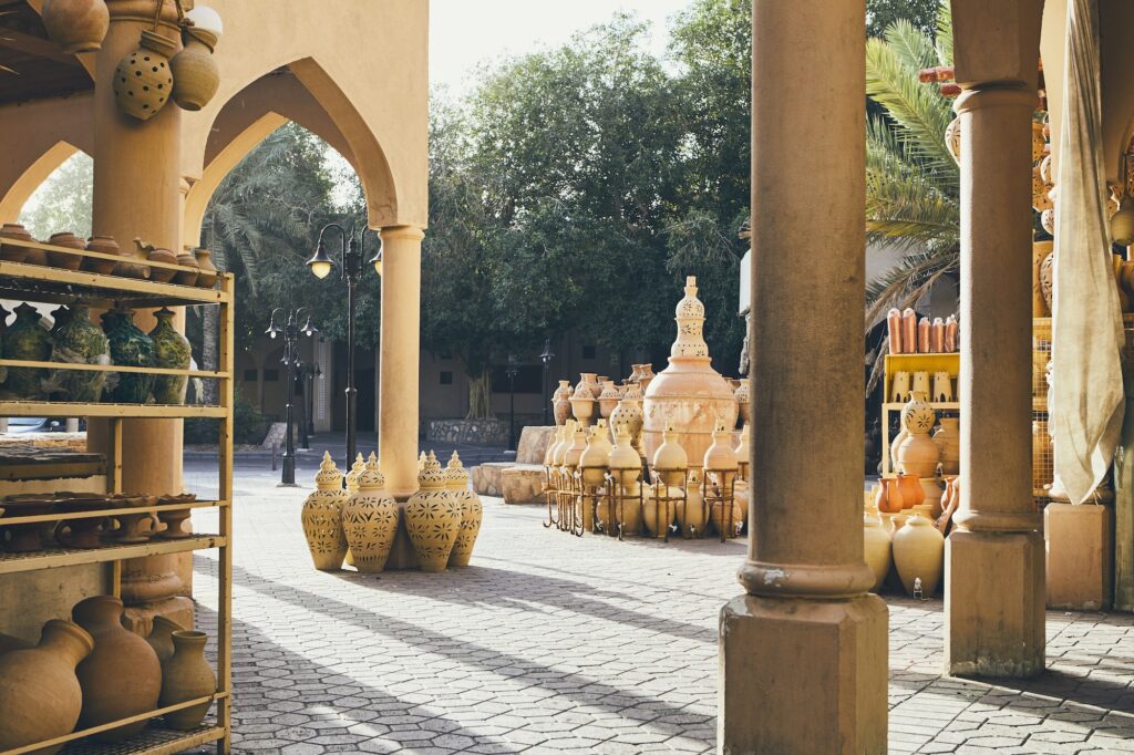 Ceramics for sale at traditional souk. Street of city Nizwa, Sultanate of Oman.