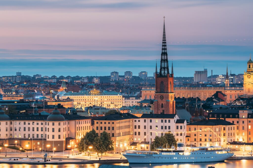 Stockholm, Sweden. Scenic View Of Stockholm Skyline At Summer Evening. Famous Popular Destination