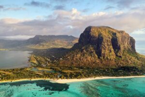 View from the height of the island of Mauritius in the Indian Ocean and the beach of Le Morne