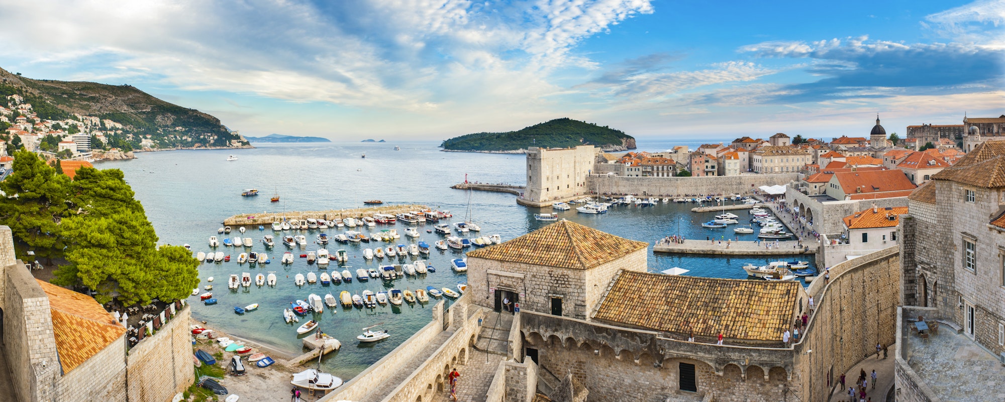 Panoramic photo of Dubrovnik Old Town Harbor from Dubrovnik city walls, Dalmatia, Croatia