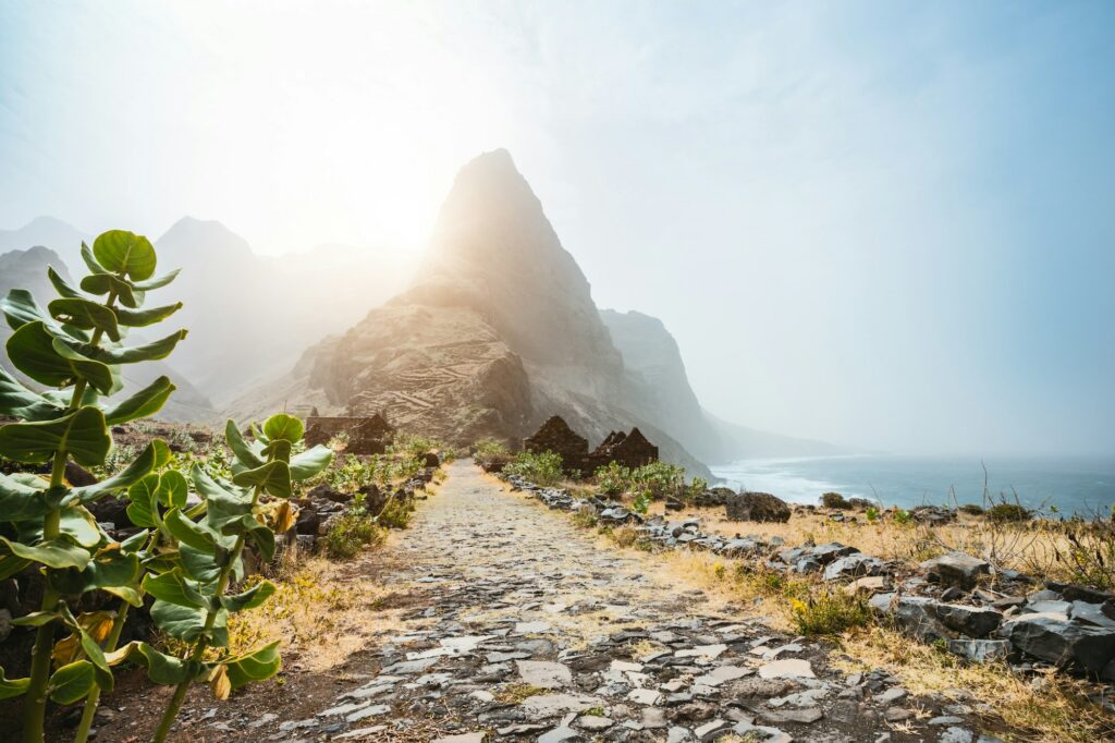 Santo Antao Island, Cape Verde. Epic Mountain peak on stony hiking path to Ponta do Sol over arid