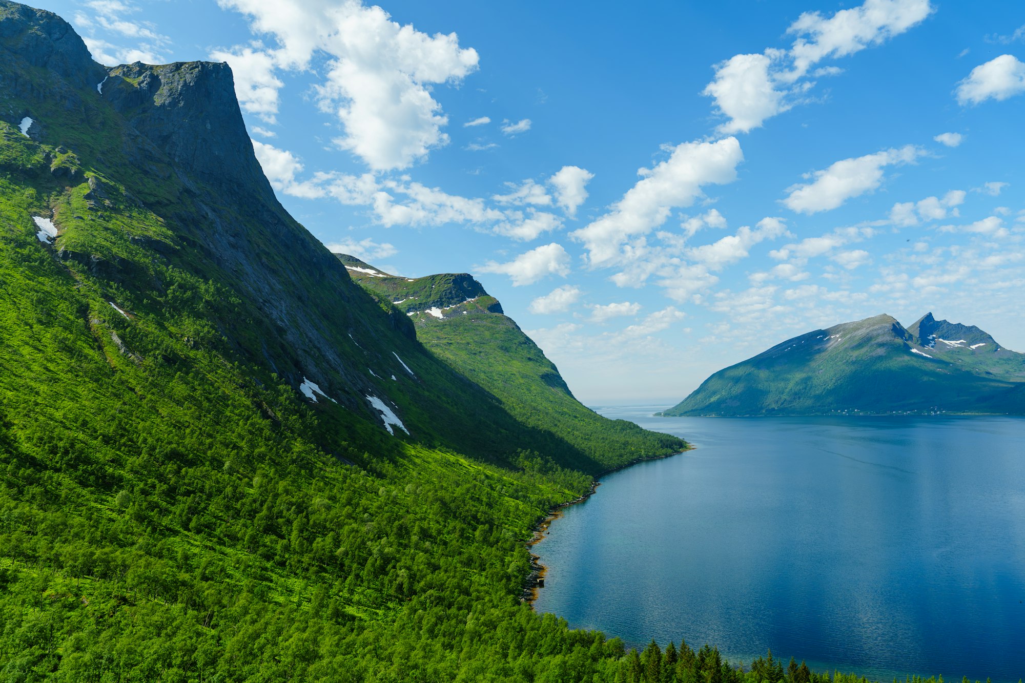 Beautiful classic Norwegian summer landscape in the month of July. mighty mountains meadows, sea