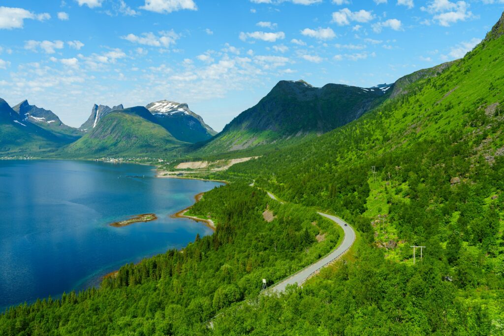 Beautiful classic Norwegian summer landscape in the month of July. mighty mountains meadows, sea