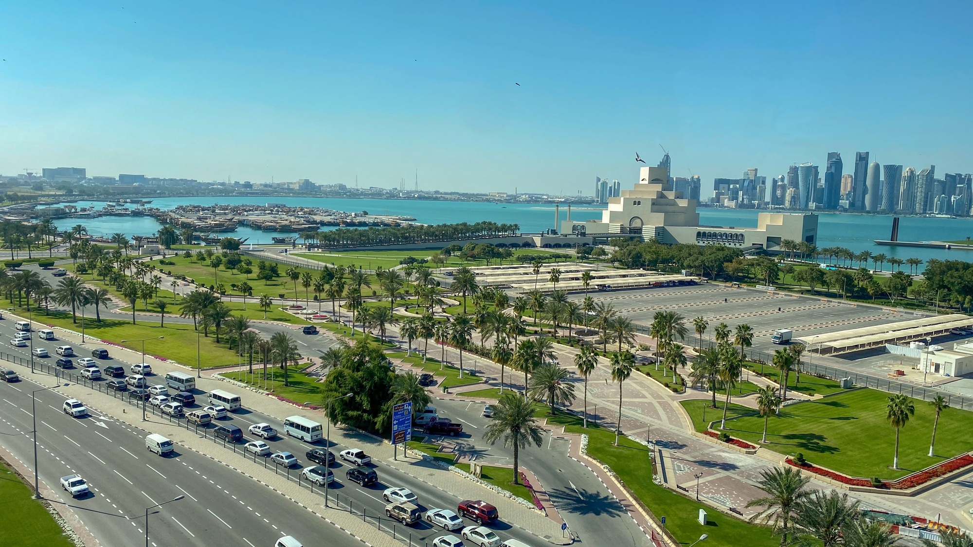 Visit Qatar,explore Qatar, doha skyline,city,cityscape, highway,road, traffic, cars, view from above