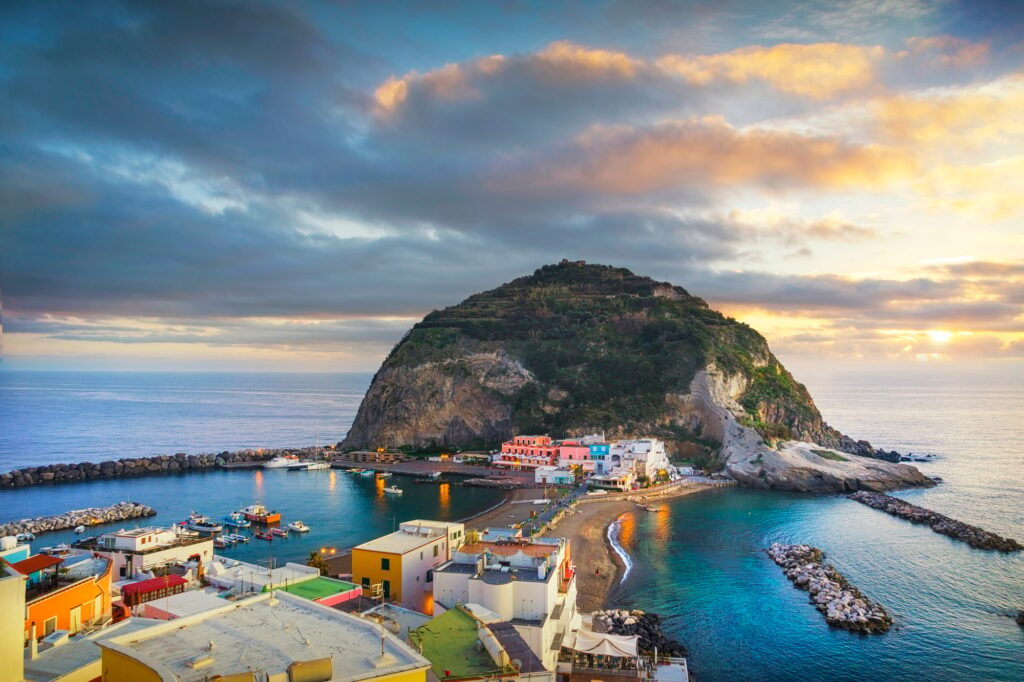 Sant Angelo beach and rocks in Ischia island. Campania, Italy.